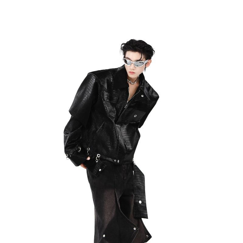 ジャケット 男性用 PUレザー 春夏 ライダースジャケット ワニ柄 型押し パッド 貼り付けポケット ブラック