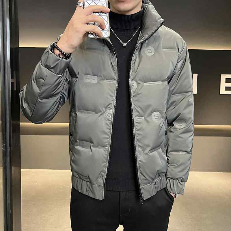 落ちこむ上衣 メンズ 立襟 遊撃手丈 白ダックダウン アウター 防寒 幾何学学飾りつけ 黒いこと 薄墨色