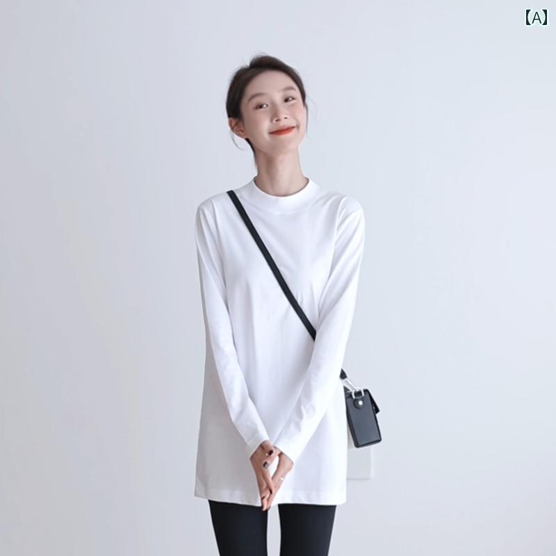 ミディアム 丈 ヒップカバー ミニマル レディース用 綿 Tシャツ 長袖 ハーフ ハイネック アウター ゆったり スタンドカラー ボトム｜P-NEEDS