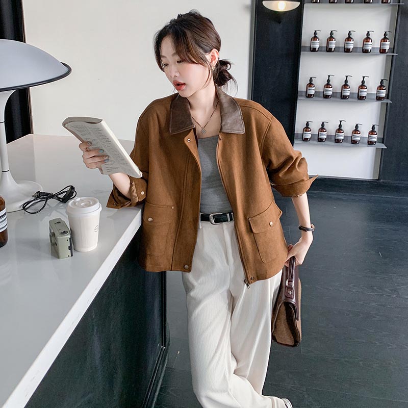 送料無料 レディース ジャケット フェイクスエードジャケット コート アウター トップス ポケット 秋新作 秋服 春服 スプリングコート カジュアル 可愛 羽織り 通勤 仕事 オフィス お洒落 通勤 体型カバー OL シンプル 入学式 卒業式 海外通販