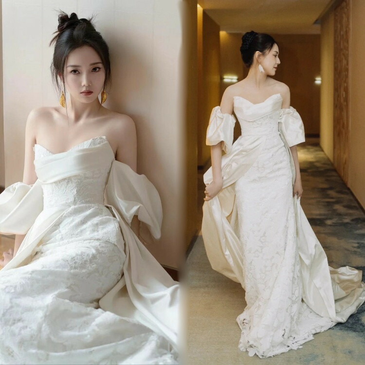 ホワイト　ロング ウェディングドレス 　ビスチェ　トレーン　豪華　花嫁 結婚式 披露宴 フォマール ドレス シンプル マーメイド ウエディング ドレス チュール 可愛い ブライドドレス 発表会 演奏会 ドレス 前撮り リボン パーティー ドレス　XS～2XL　総レース｜P-NEEDS