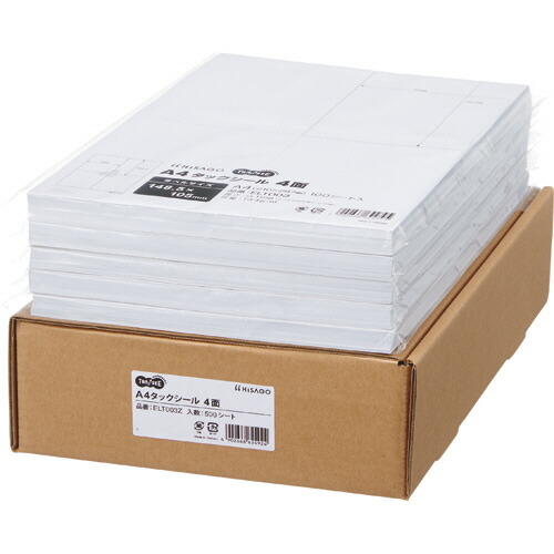 ＴＡＮＯＳＥＥ　Ａ４タックシール　業務用パック　４面　１０５×１４８．５ｍｍ　１箱（５００シート：１００シート×５冊） 【送料無料】