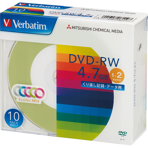 バーベイタム　データ用DVD−RW　4．7GB　1−2倍速　5色カラーMIX　5mmスリムケース　DHW47NM10V1　1パック（10枚）画像