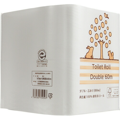 ＴＡＮＯＳＥＥ　リサイクルトイレットペーパー（２倍巻）　ダブル　芯あり　６０ｍ　１セット（１４４ロール：８ロール&times;１８パック） 【送料無料】｜ぱーそなるたのめーる