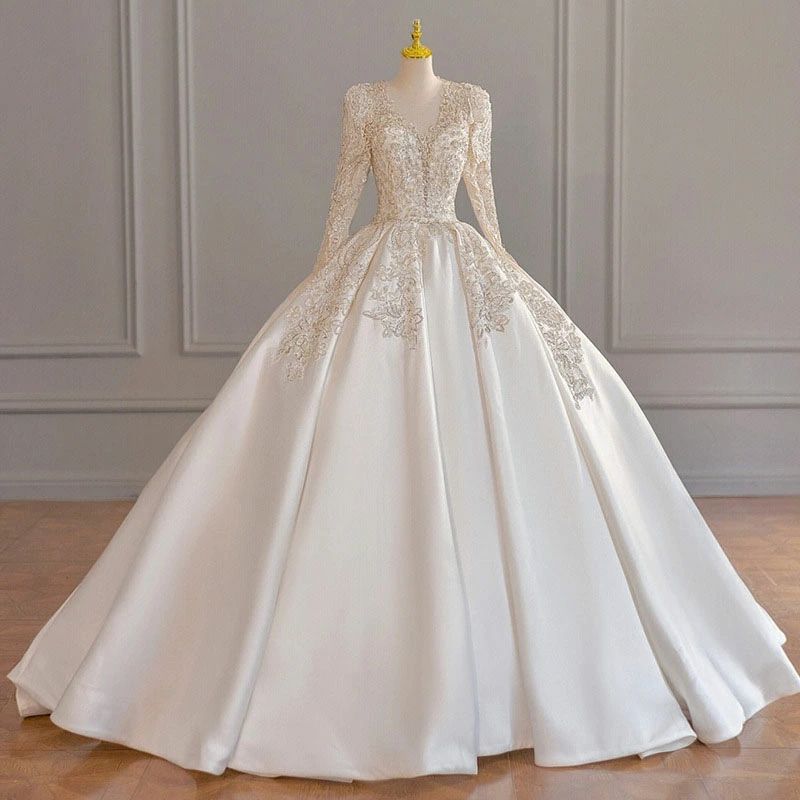 ス ロングドレス ウェディング ドレス 袖あり 長袖 ホワイトドレス 結婚式ドレス ロングドレス 海外挙式 キレイめ S M L XL XXL