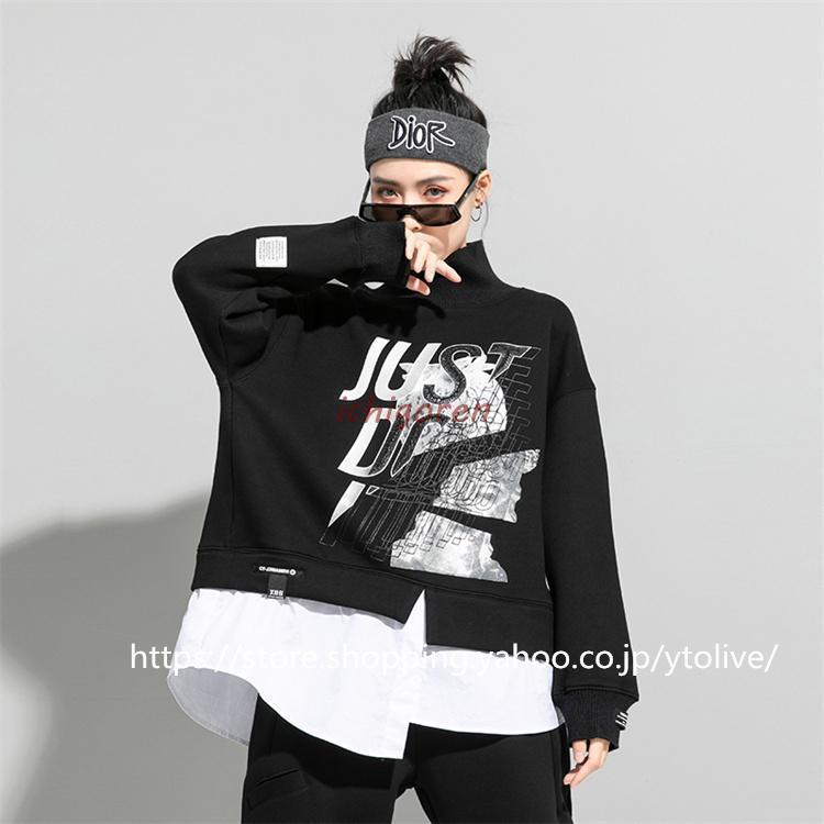 ウェット 冬 冬服 レディース トップス スエット トレーナー カットソー 長袖 プリント ハイネック 重ね着風裏起毛プルオーバー