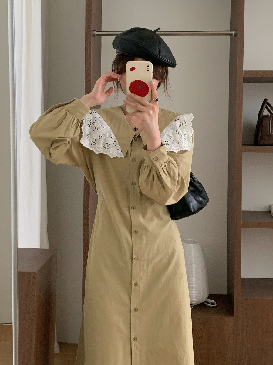 ワンピース レディース ミディ丈 長袖 襟付き 無地 レース 前開き 細身 着痩せ おしゃれ きれいめ 可愛い 春 秋 冬