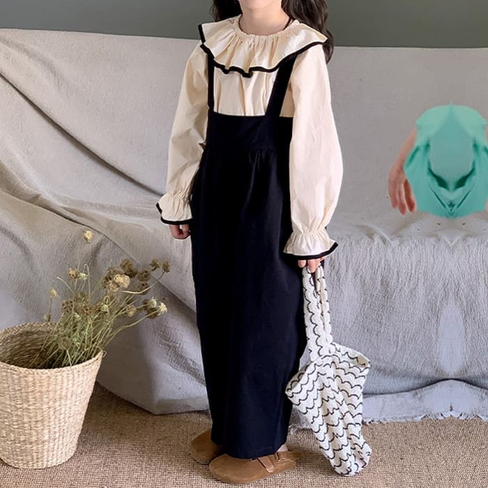小学生 セットアップ 女の子 フリルカラー ブラウス サロペットパンツ 2点セット 春秋 長袖 ツーピース 通学 カジュアル ガーリ