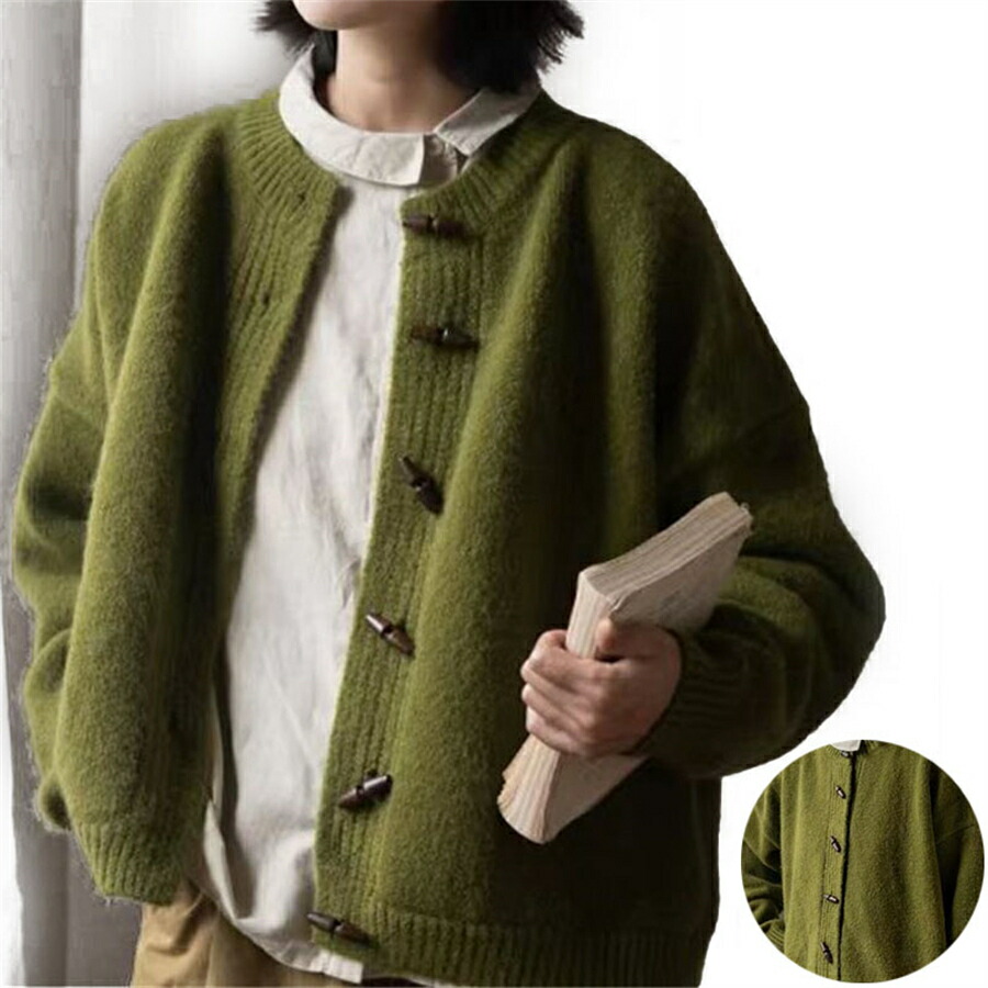 ニット?セーター無地グリーン暖かいボタン春秋冬服レディースファッションおしゃれふわふわ簡単なだるい風じゅんしょくジッパー
