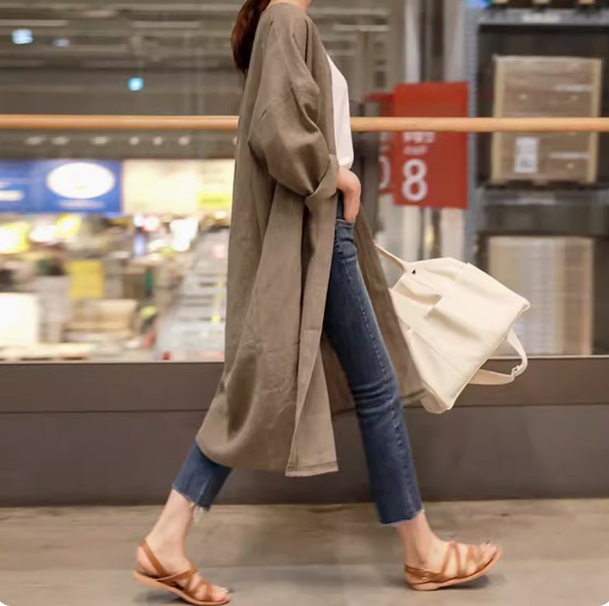 ジャケット アウター 上着 レディース ロング 長袖 Vネック 襟付き フェミニン リネン 麻 かわいい 大人可愛い きれいめ シンプ