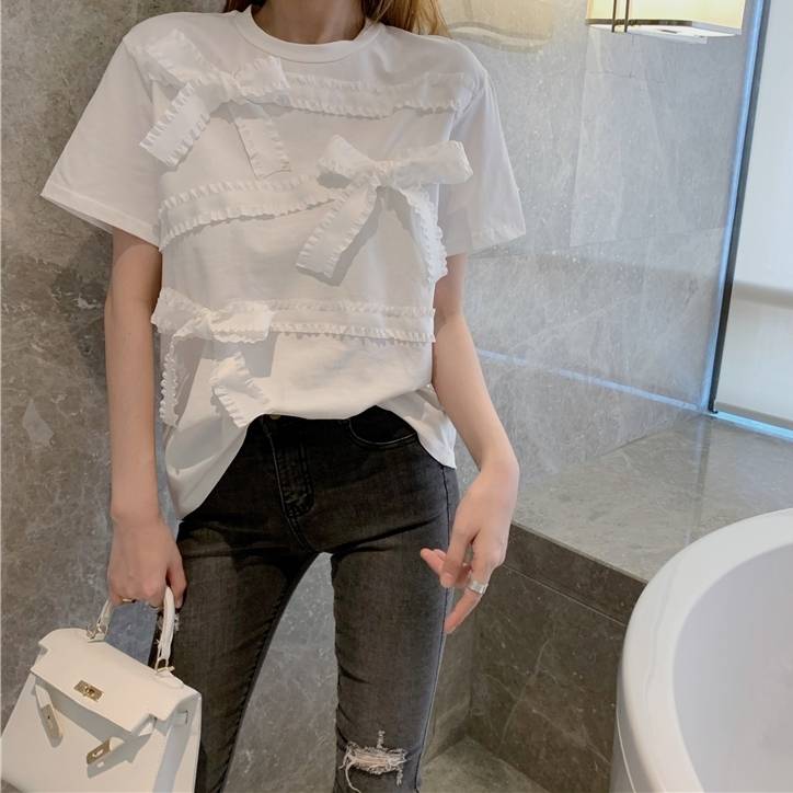 リボン Tシャツ レディース 送料無料トップス Tシャツ ルーズフィット 半袖 プルオーバー クルーネック レース チュール ボリュ