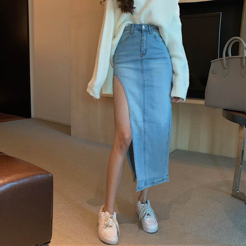 サイドハイスリット デニム スカート レディース ミモレ丈 ロング丈 タイト ハイウエスト スリム 細身 ウォッシュドデニム 色落