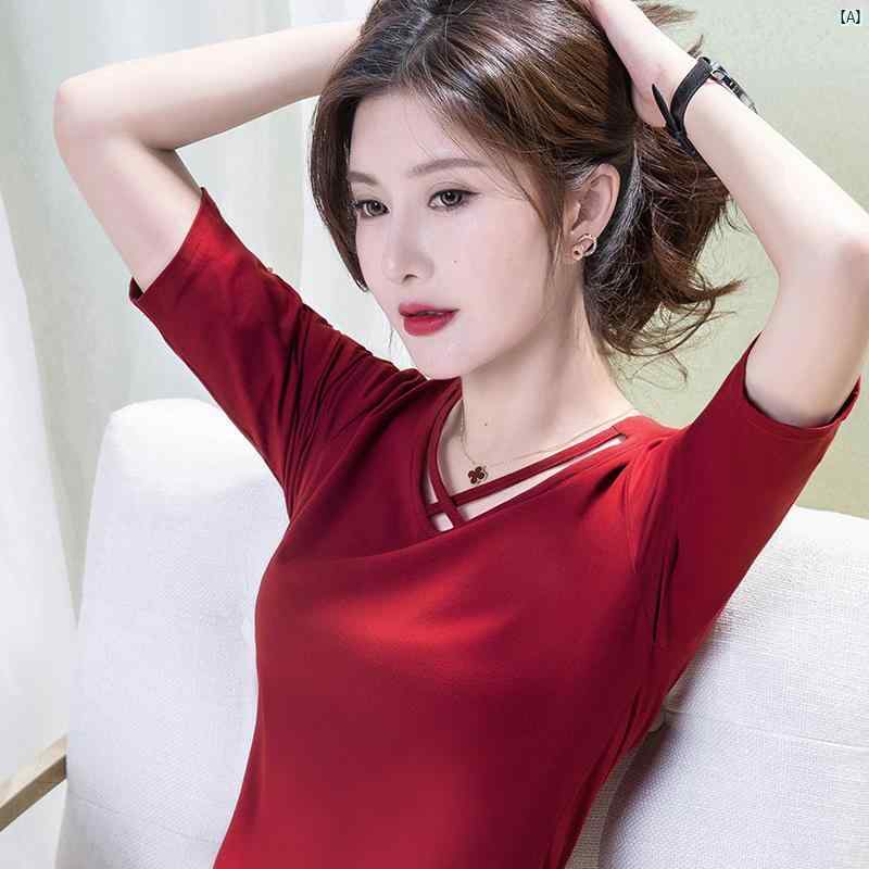 レディース　ファッション　コーデ　春　夏　秋 チェリー レッド ミッド スリーブ Tシャツ レディース 七分袖 Vネック 秋 コット