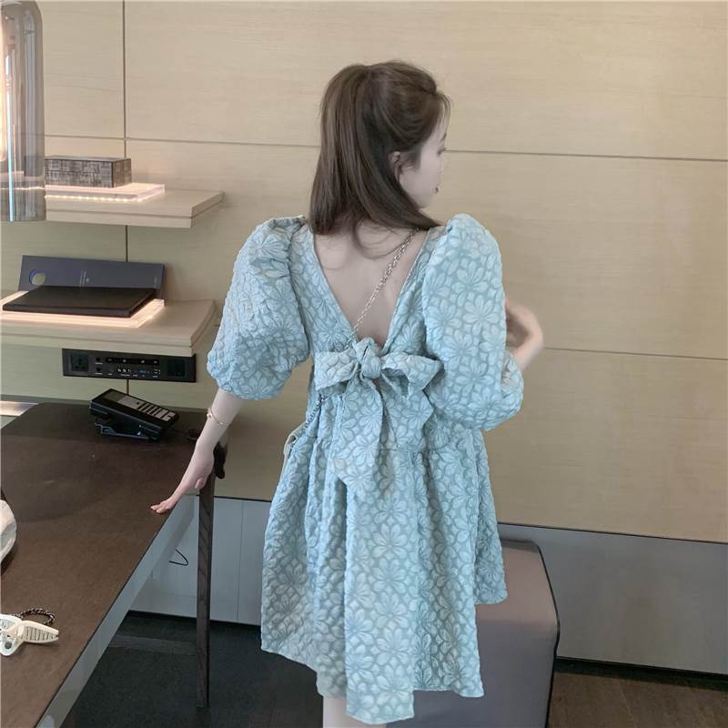 バックリボンワンピース ワンピース フレアワンピース ミニ ミニ丈 ショート ショート丈 袖あり 半袖 パフスリーブ スクエアネッ