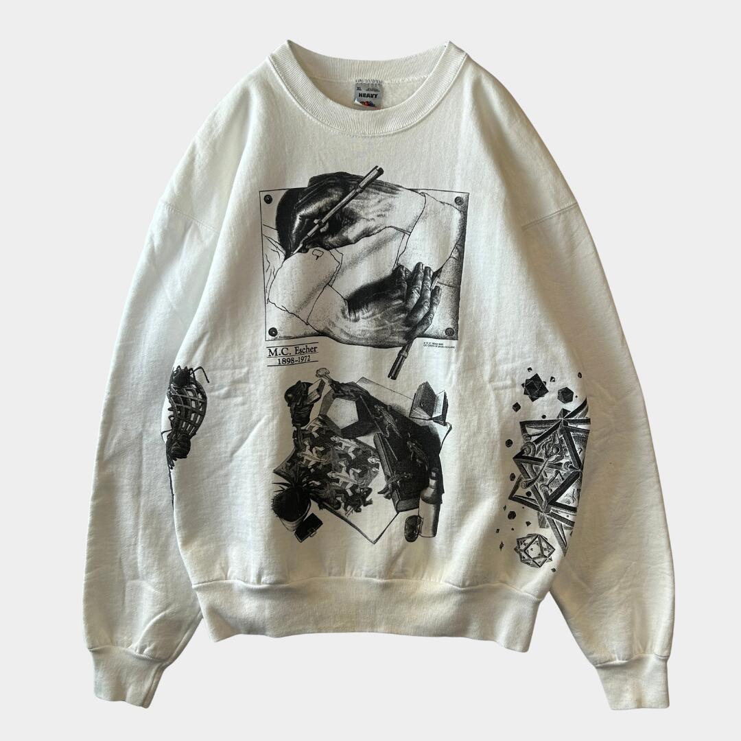 【海外直輸入USED品】90's M.C.Escher エッシャー アート マルチプリントスウェット 白(XL)/C0188S-SO