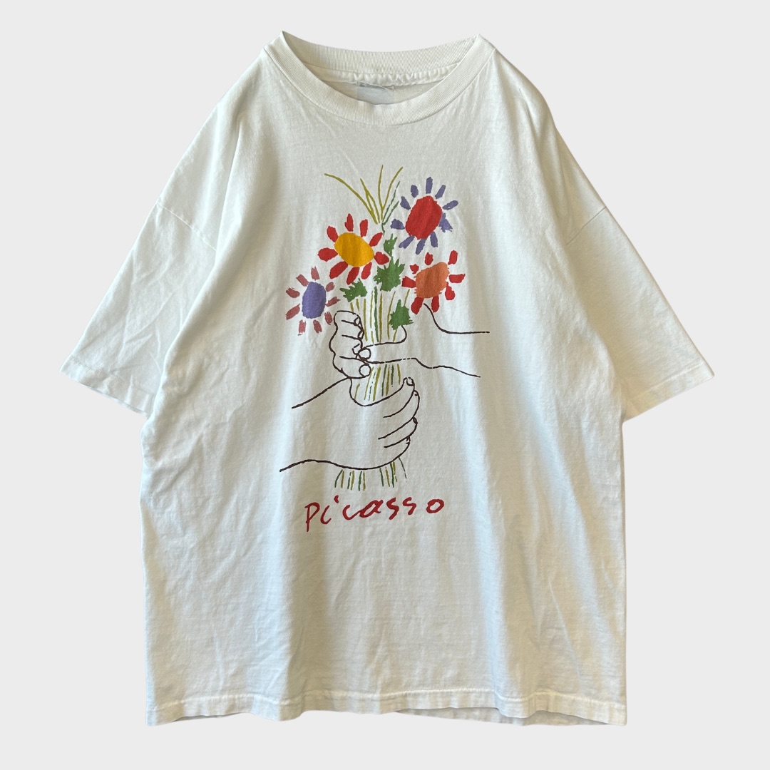 【海外直輸入USED品】90's Hanes ヘインズ ピカソ「花束を持つ手」アート Tシャツ T-shirt 白 (XL) /B3491T-SO