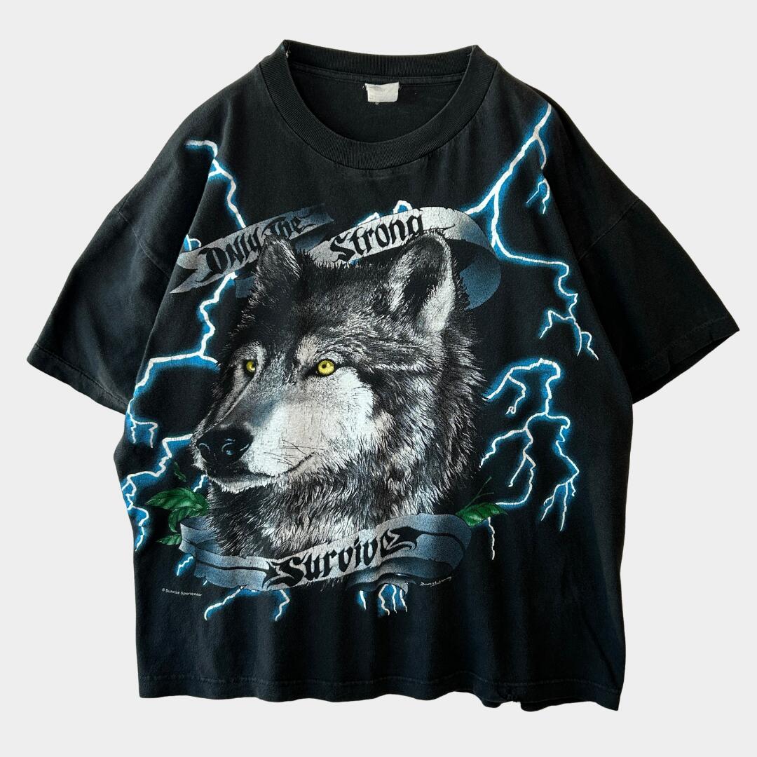 【海外直輸入USED品】90's USA Thunder アメリカンサンダー アニマルプリントTシャツ 狼 (XL)/A7138T-SO