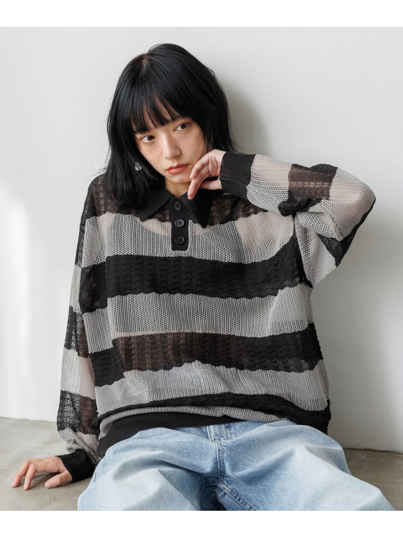 【PBLIM】ボーダーメッシュポロ PAGEBOYLIM ページボーイ トップス ポロシャツ ネイビー ピンク グレー【送料無料】[ Fashion]