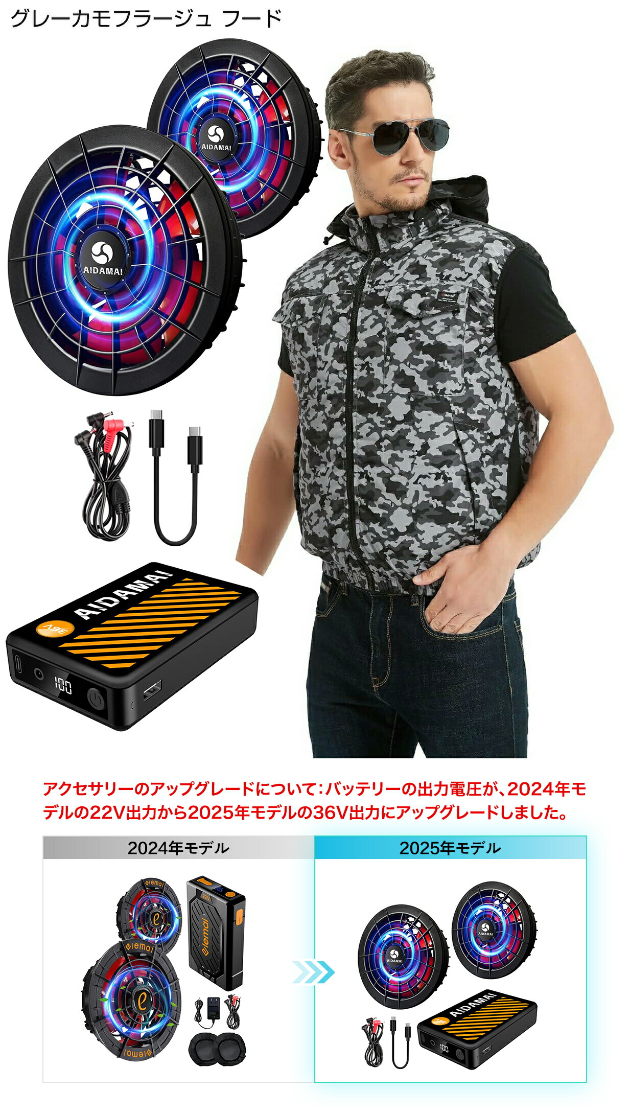 AIDAMAI2025年NEWひな形 気違い付き添い人より良い 36V超高最終生産物 25000mAh 気違い乾電池書き割り ボンネット付き添い人空冷調節するやり方服 猛暑打つ手至要たる品