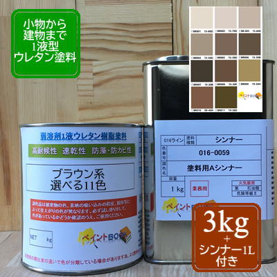 【シンナー1L付き】ウレタン塗料【3kg】ブラウン 茶色 DIY 建物 木 鉄 塗装 ペンキ 日塗工｜ペイントＢＯＯＫ