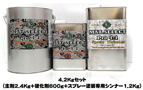 MAT.SELECT PRO(4：1タイプ） スプレー用シンナー付 ４．２Ｋgセット 各色（塗料2.4Kg+硬化剤600g+シンナー1.2Kg)【g-select 自動車塗装用2液ウレタン艶消し塗料 車 塗装 DIY カーペイント マットカラー】
