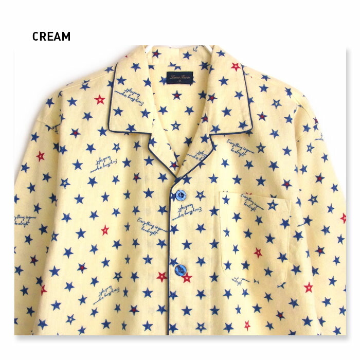 楽天市場 パジャマ メンズ 綿100 長袖 冬向き 前開き ネル起毛 星ストライプ柄 ブルー クリーム M L Ll おそろい パジャマ屋さん