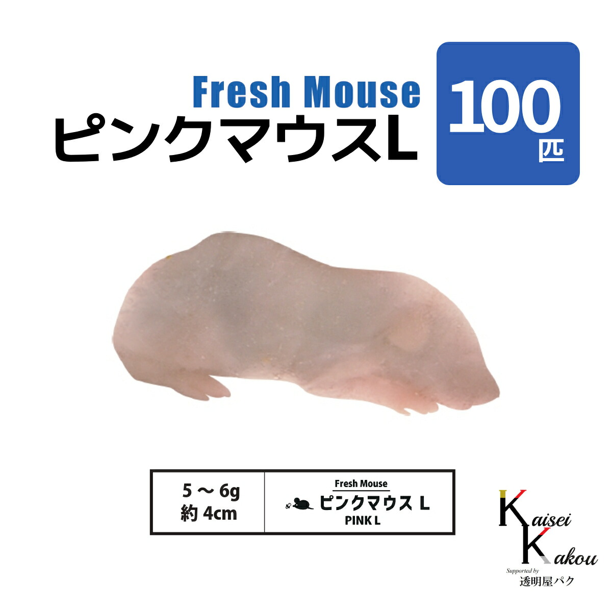 「ピンクマウスL 100匹(10袋) Biokimia 」 約4cm 5~6g 冷凍マウス 冷凍ラット フレッシュマウス フレッシュラット 冷凍餌 エサ えさ 爬虫類 両生類 猛禽類 大型魚 大型肉食魚|カイセイ加工(透明屋パク)