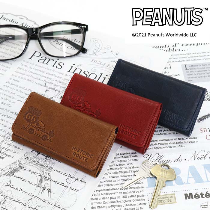 キーケース メンズ レディース Peanuts ピーナッツ Snoopy スヌーピー レザー パスケース兼用 Route 66 鍵 キー カードケース カード収納 本革 革 仕事 通勤 通学 ナチュラル シンプル 上質 プレゼント ギフト おしゃれ 男性 丈夫 キャメル ビジネス 高級感 Cpt