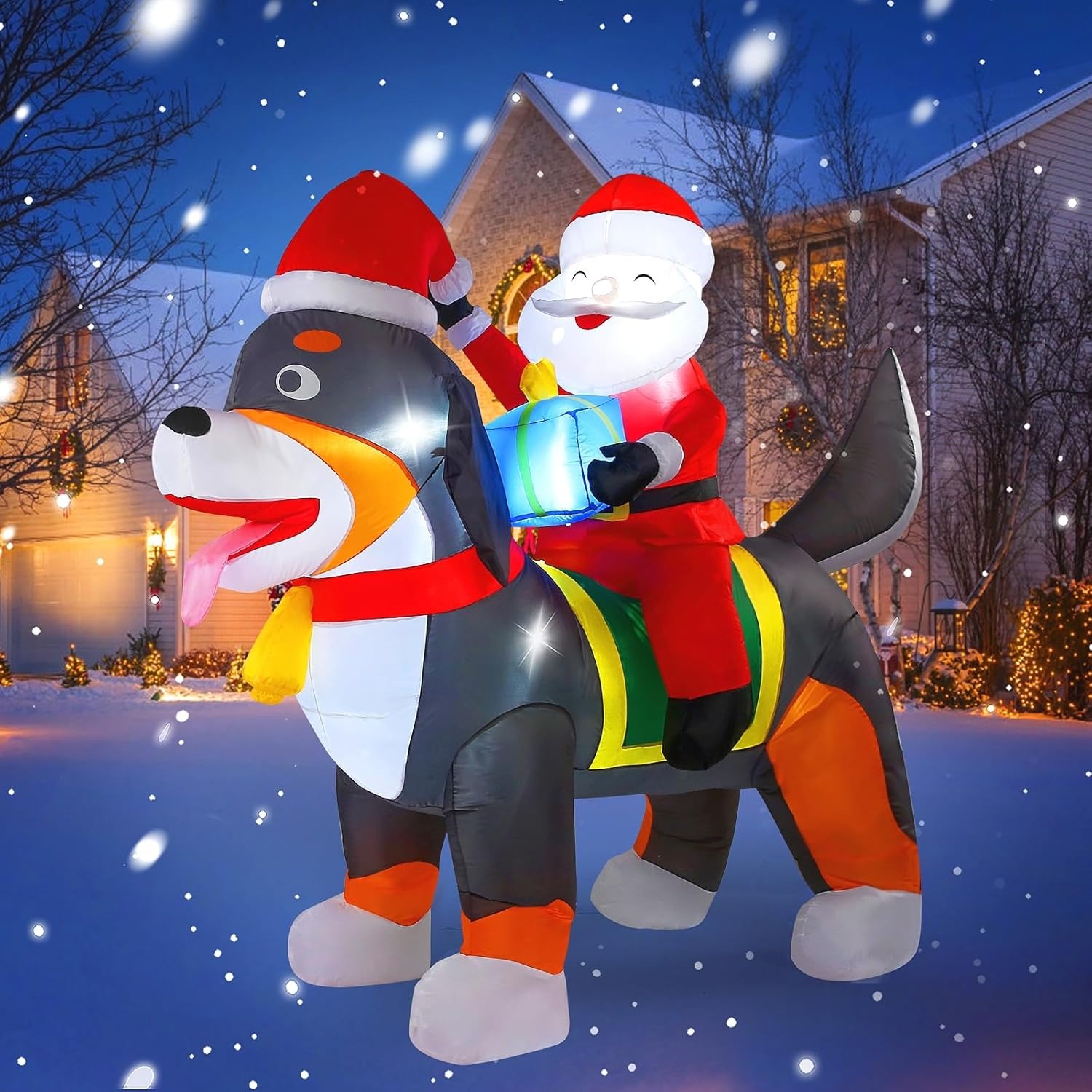サンタクロースが犬に乗っているデザイン クリスマス デコレーション エアブロー装飾 約2.1メートル クリスマスインフレータブル サンタクロース イヌ 可愛い ライト付き 巨大