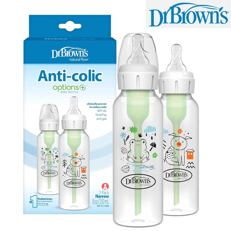 【5日6時間限定!1000円クーポン10名様】Dr. Brown's Natural Flow Anti-Colic Options+ Narrow Baby Bottle, Pig & Frog, 8 oz/250 mL, with Level 1 Slow Nipple, BPA Free, 0m+, 2-Pack画像