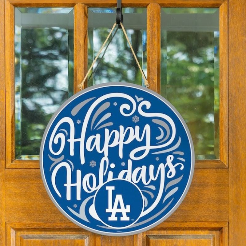 【クーポン配信中】ロサンゼルス ドジャース 木製 クリスマス ドアサイン Los Angeles Dodgers 約45cm 18インチ Happy Holidays ラウンド型 MLB 公式グッズ クリスマスデコレーション 飾り 野球 　クリスマスギフト ハッピーホリデー