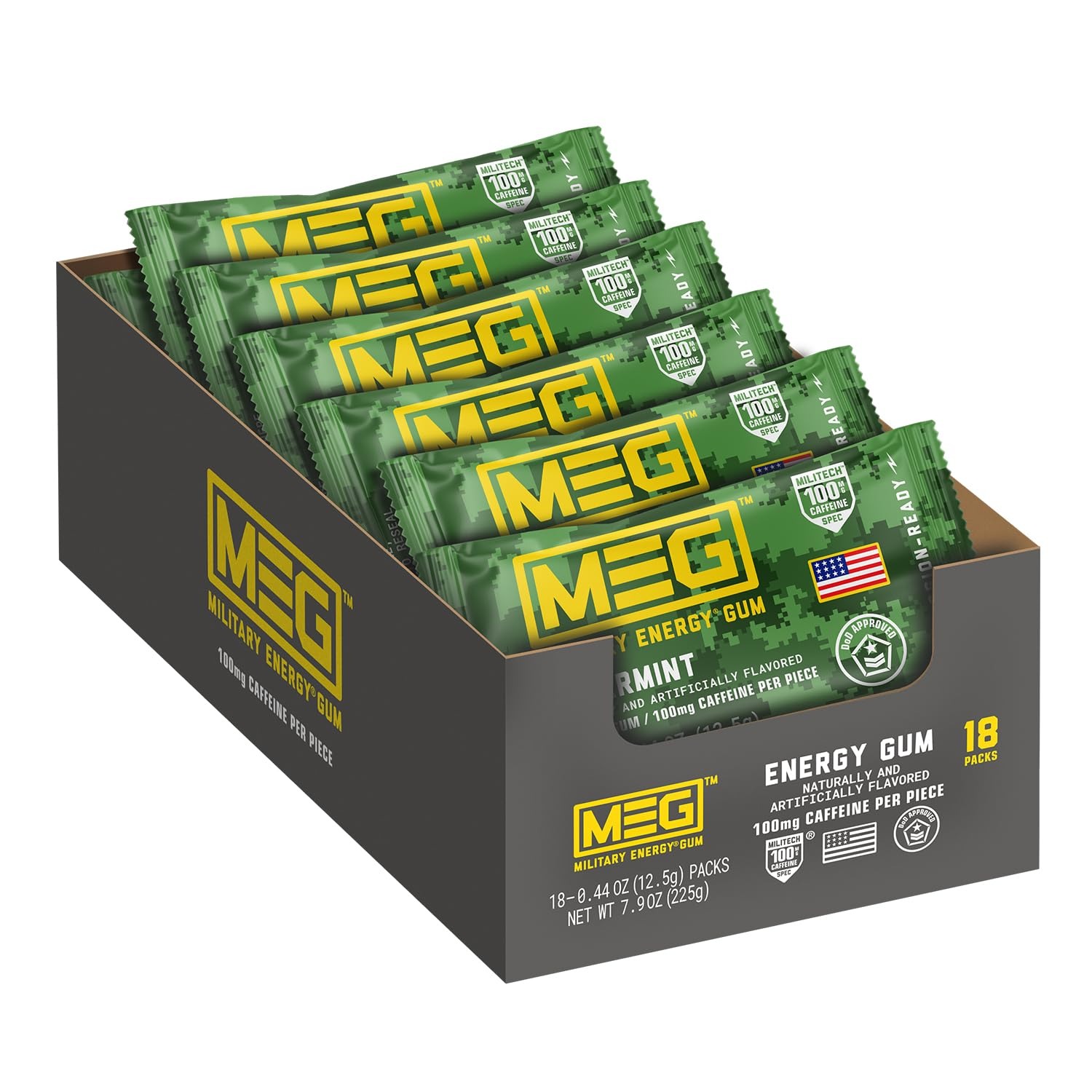 【クーポン配信中】MEG ミリタリーエナジーガム スペアミント味 100mgカフェイン配合 米軍使用実績 エネルギー補給ガム 18パック（全90粒） ミリタリーガム Military Energy Gum
