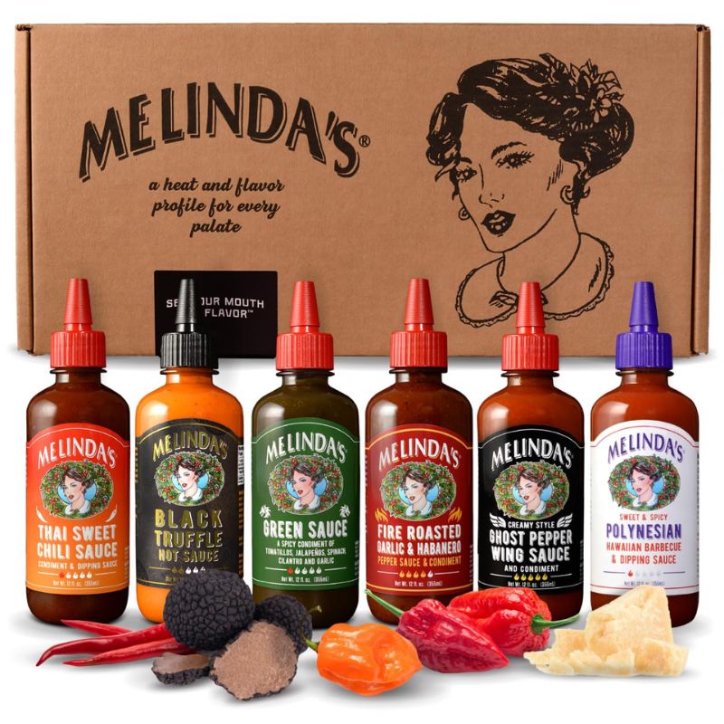 Melinda's メリンダズ ホットソース 6種ギフトセット 各12oz(355ml) 黒トリュフ スイートチリ ゴーストペッパー 激辛 調味料 万能ソース 米国製 ベジタリアン対応 ギフト 誕生日 辛い ソース タコス メキシカン