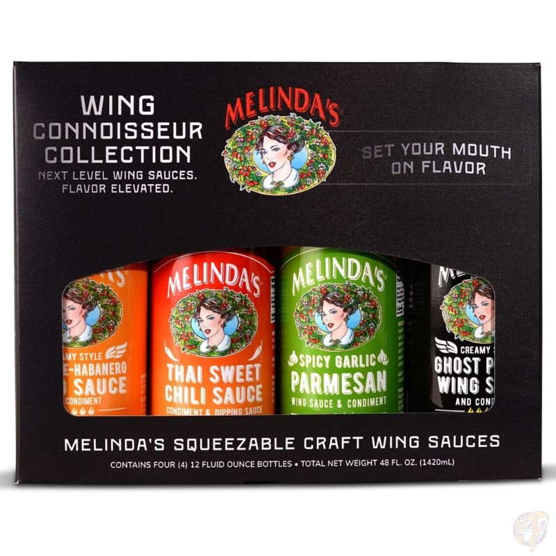 Melinda's メリンダズ ウィングソース 4種セット 各12oz(355ml) バッファローウィング 激辛 調味料 タイ風スイートチリ ガーリックパルメザン ゴーストペッパー ギフトパック　まとめ買い ホット ソース 辛い 辛いソース 海外 アメリカ輸入 ギフト タコス ピザ