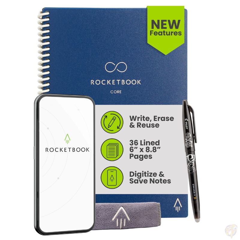 ロケットブック Rocketbook Core スマートノート エグゼクティブサイズ 6&times;8.8インチ ネイビーブルー 罫線 フリクションペン タオル付 再利用可能｜パームスアメリカ