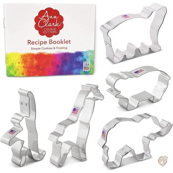 【クーポン配信中】Ann Clark Cookie Cutters 動物園 クッキー型5個セット(ゾウ(XL)、キリン、カバ、シロクマ、サル)、レシピ小冊子付き 送料無料