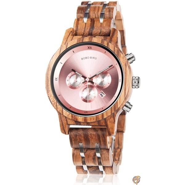 bobo鳥レディースWooden Watches高級木製メタルストラップクロノグラフ&日付表示クォーツ腕時計ファッションZebra 送料無料 8,193円