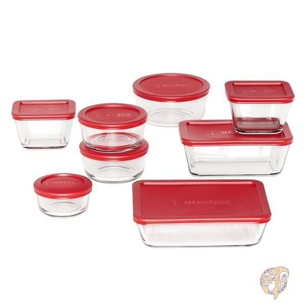 【ポイント2倍!15日】アンカーホッキング 食品コンテナ クラシック ガラス 食品保存容器 蓋付き レッド 16点セット Anchor Hocking