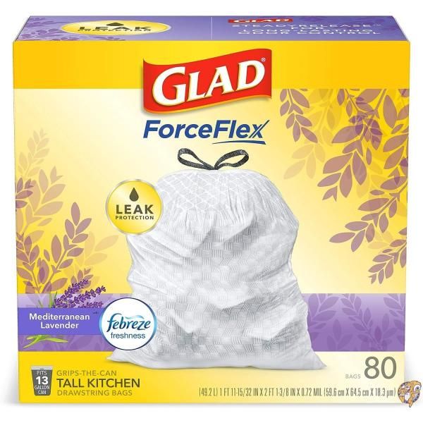 【クーポン配信中】Glad(グラッド) 臭いシールド 高さのあるキッチン巾着ゴミ袋 ラベンダー 13ガロン 80枚 (パッケージは異なる場合があります) ホワイト|パームスアメリカ