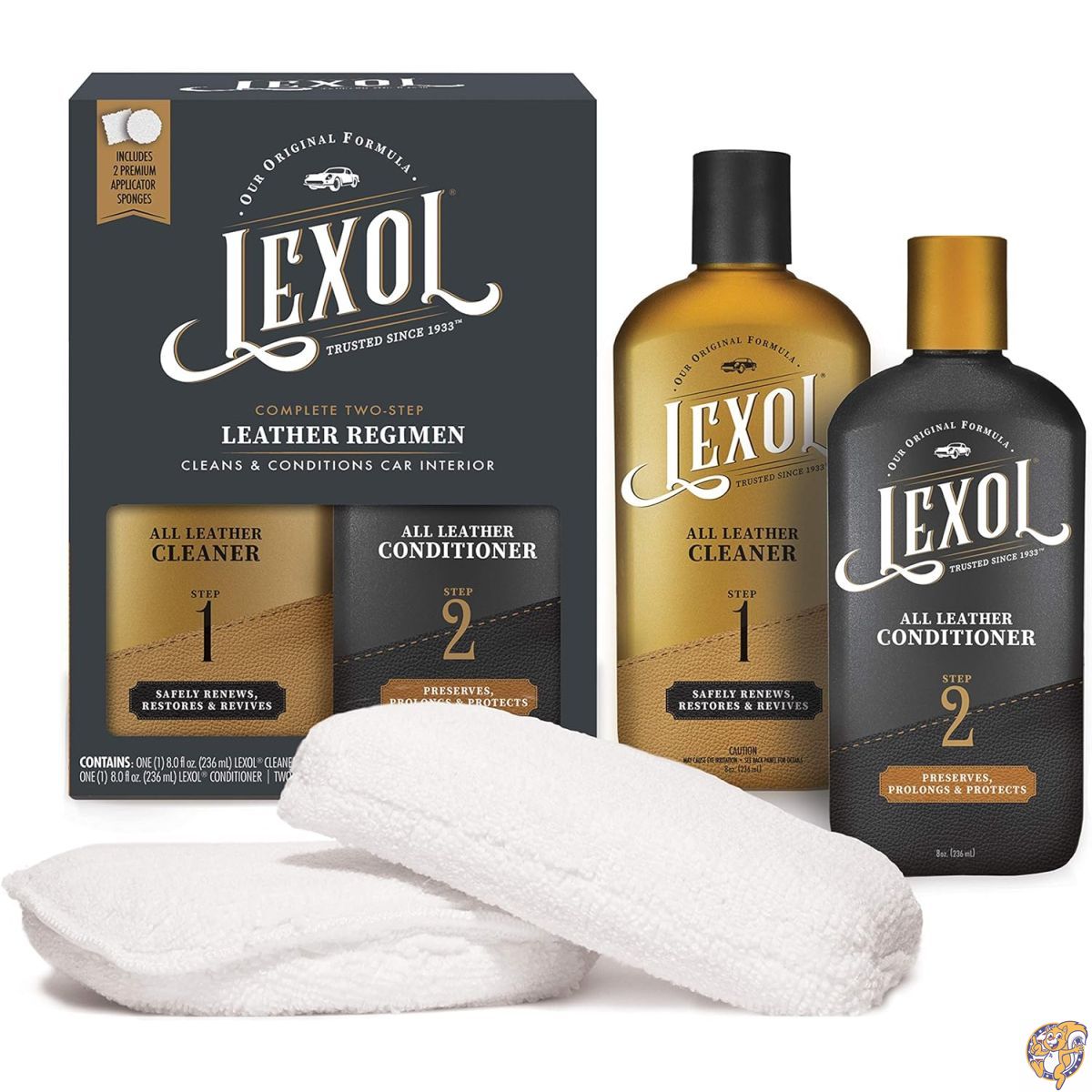 【クーポン配信中】Lexol (レクソル) コンディショナークリーナーキット カーレザー 家具 靴 バッグ アクセサリーに使用 素早く簡単なステップレジメン 8オンスボトル 2つの塗布スポンジ付き