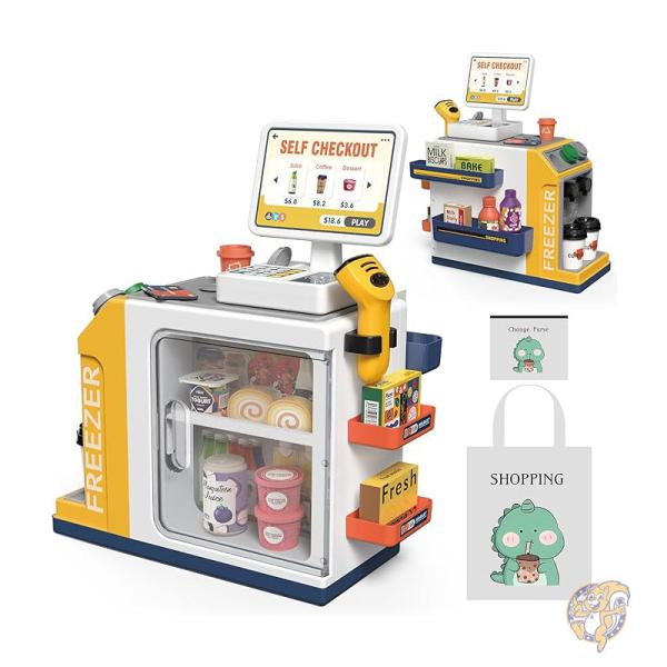 子供用おもちゃ レジ セット 電卓 スキャナー クレジットカード 食べ物 48個付き ごっこ遊び POFJOEQ