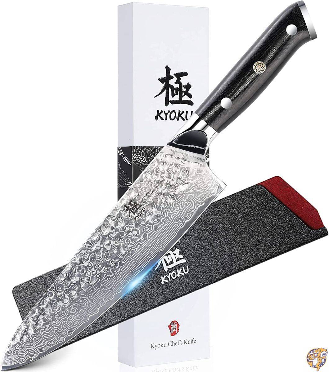 KYOKU シェフナイフ - 8インチ 日本製VG10 スチールコア ハンマー加工 ダマスカス刃 鞘とケース付き