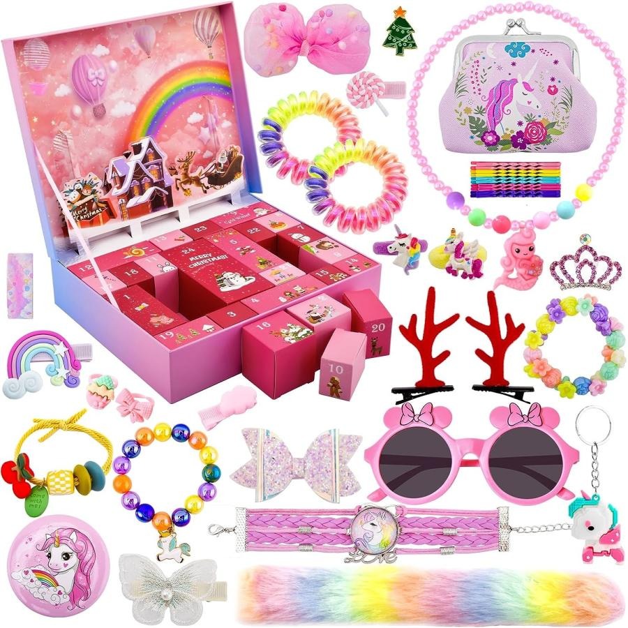 アドベントカレンダープリンセス グッズ 女の子 クリスマスカウントダウン カレンダー ヘアアクセサリー ユニコーンブレスレット 指輪 お姫様 可愛い ギフト