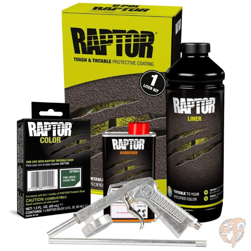 【ポイント2倍!15日】U-POL Pine Green パイングリーン Raptor トラックベッドライナー キット 1L ガン付き 送料無料