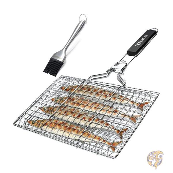 魚焼きバスケット 折りたたみ ポータブルステンレススチール BBQグリルバスケット しつけブラシ 収納バッグ付き penobon ペノボン