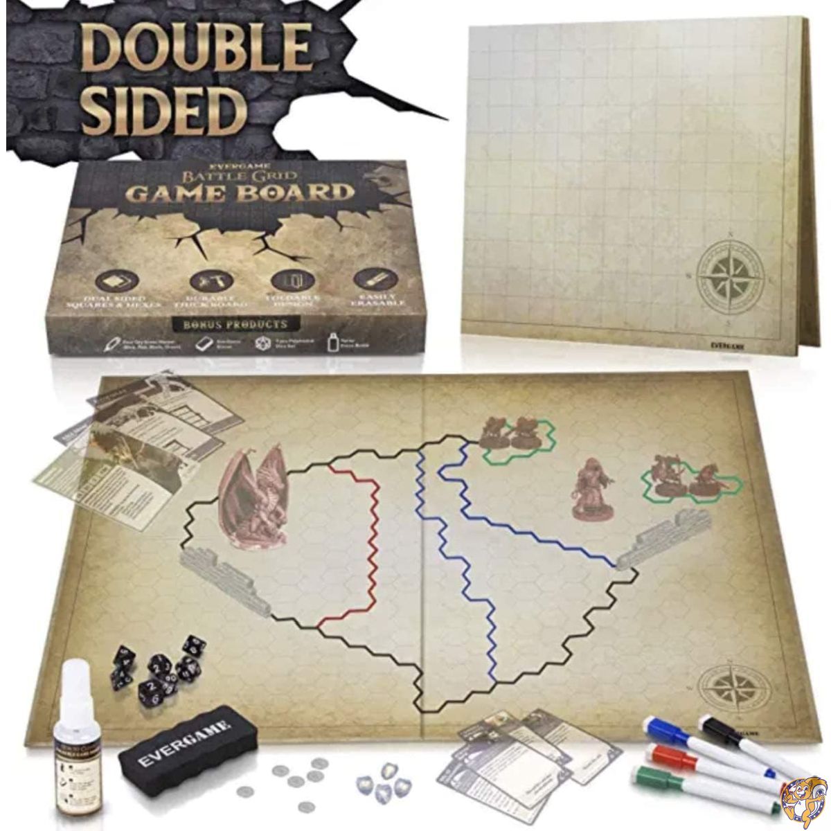 【クーポン配信中】EverGame - ダンジョンズ&ドラゴンズゲームマット 23 x 27インチ 究極のDND ボードゲームマップ サイコロセット付き 両面 六角&正方形グリッド付き 壮大なロールプレイングゲーム体験