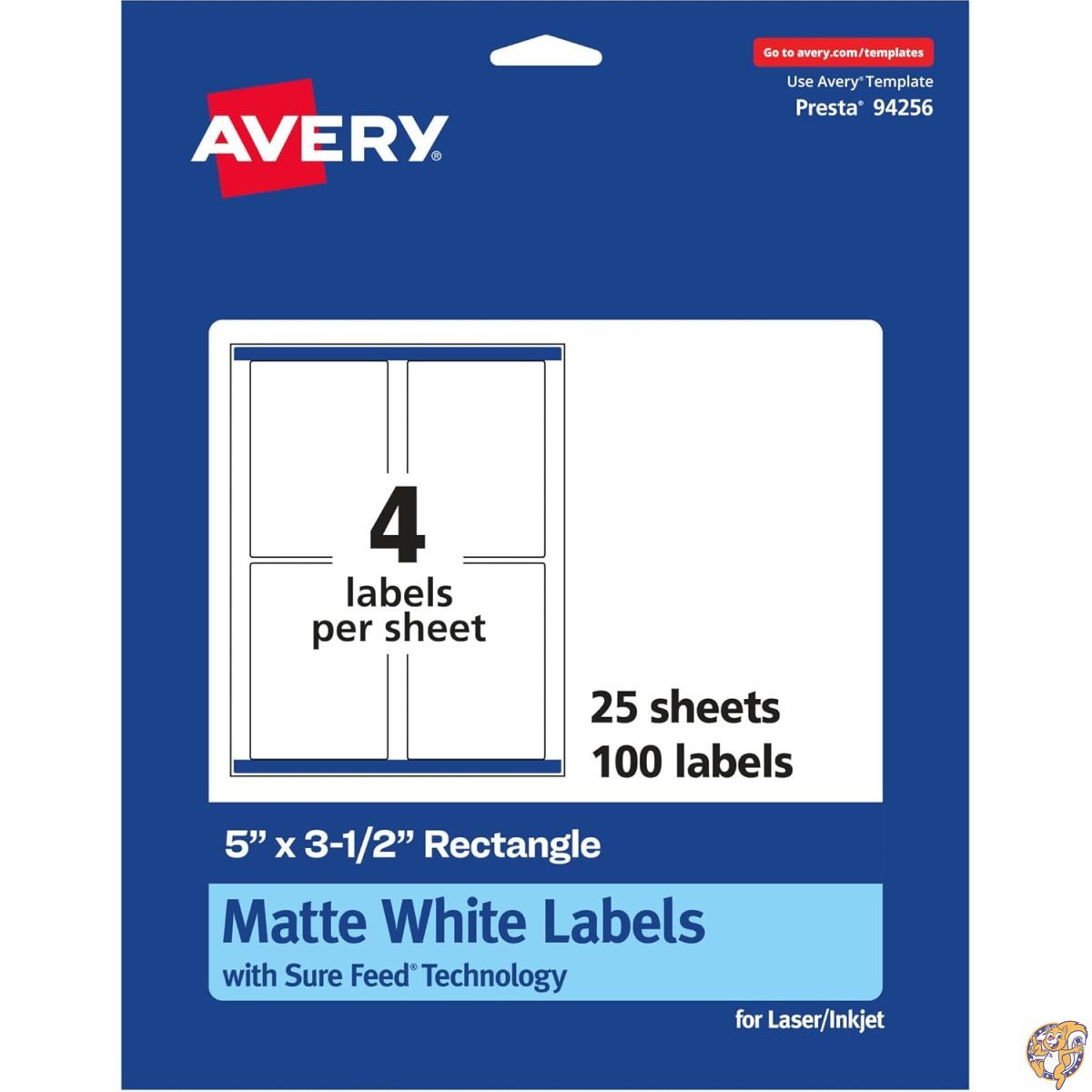Avery マットホワイト長方形ラベル 確実なフィード付き 5インチ x 3.5インチ マットホワイト 印刷可能なラベル 100枚
