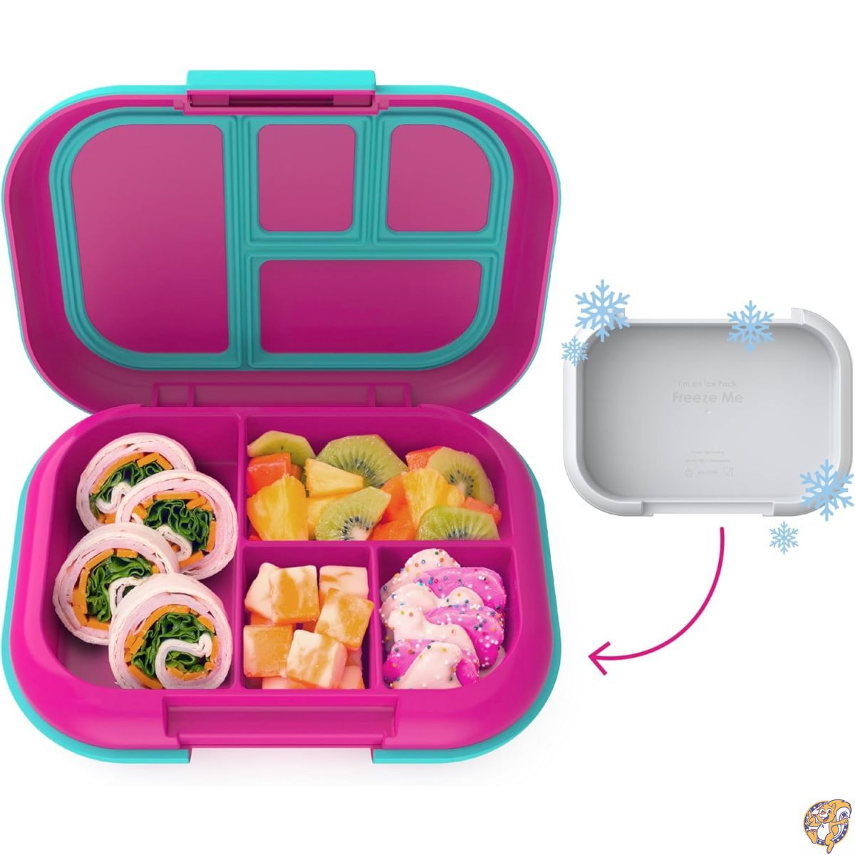 Bentgo Kids Chill Lunch Box - Leak-Proof Bento with Removable Ice Pack & 4 Compartments for On-the-Go Meals Microwave Dishwasher Safe, Patented Design,(Fuchsia/Teal)