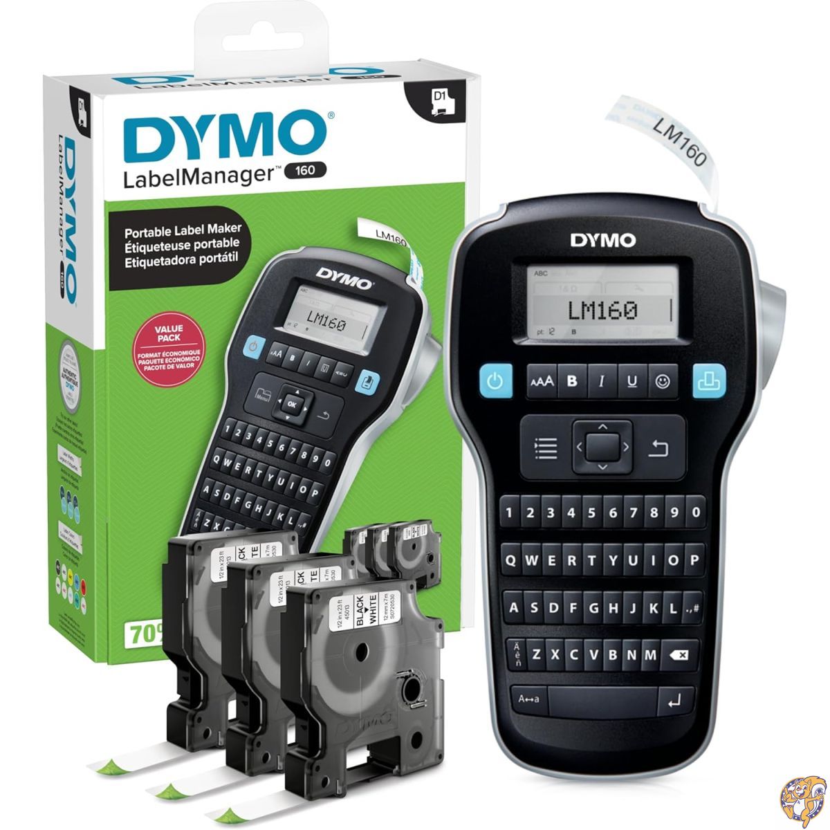 【ポイント2倍!15日】DYMO ラベルマネージャー 160 ポータブルラベルメーカーバンドル 使いやすいワンタッチスマートキー QWERTYキーボード 大型ディスプレイ 家庭やオフィス整理用 D1ラベルカセット3枚付き