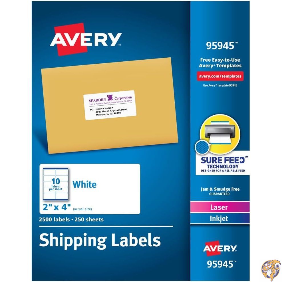 【クーポン配信中】Avery 配送住所ラベル レーザー&インクジェットプリンター用 2,500ラベル 2x4ラベル 永久粘着 (95945) ホワイト (2)｜パームスアメリカ